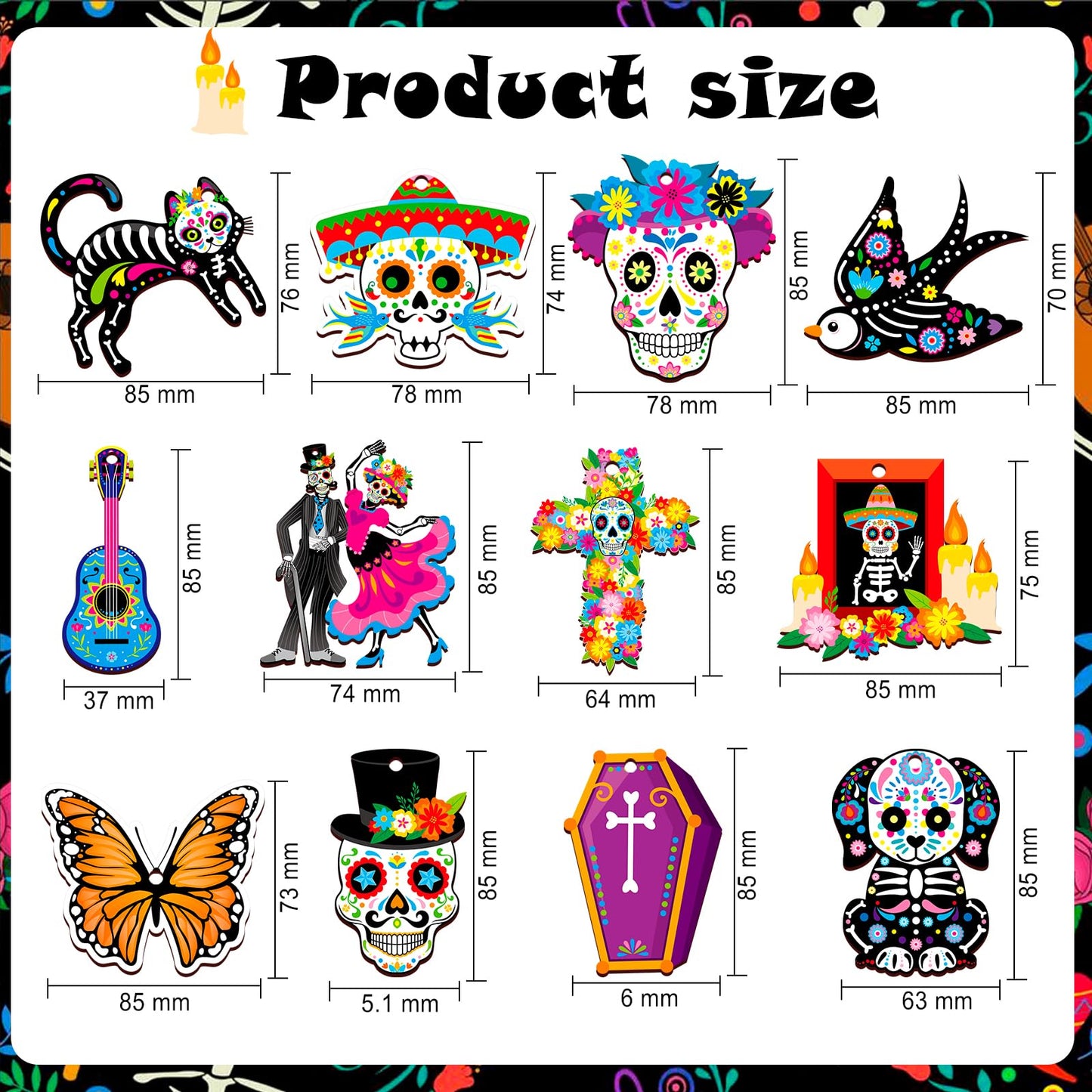 HOWAF 36pcs Day of The Dead Wood Ornaments, Dia De Los Muertos Decorations Hanging Wooden Sign for Mexican Dia de Los Muertos Altar Decor, Black Cats Sugar Skull Marigold Hanging Ornaments