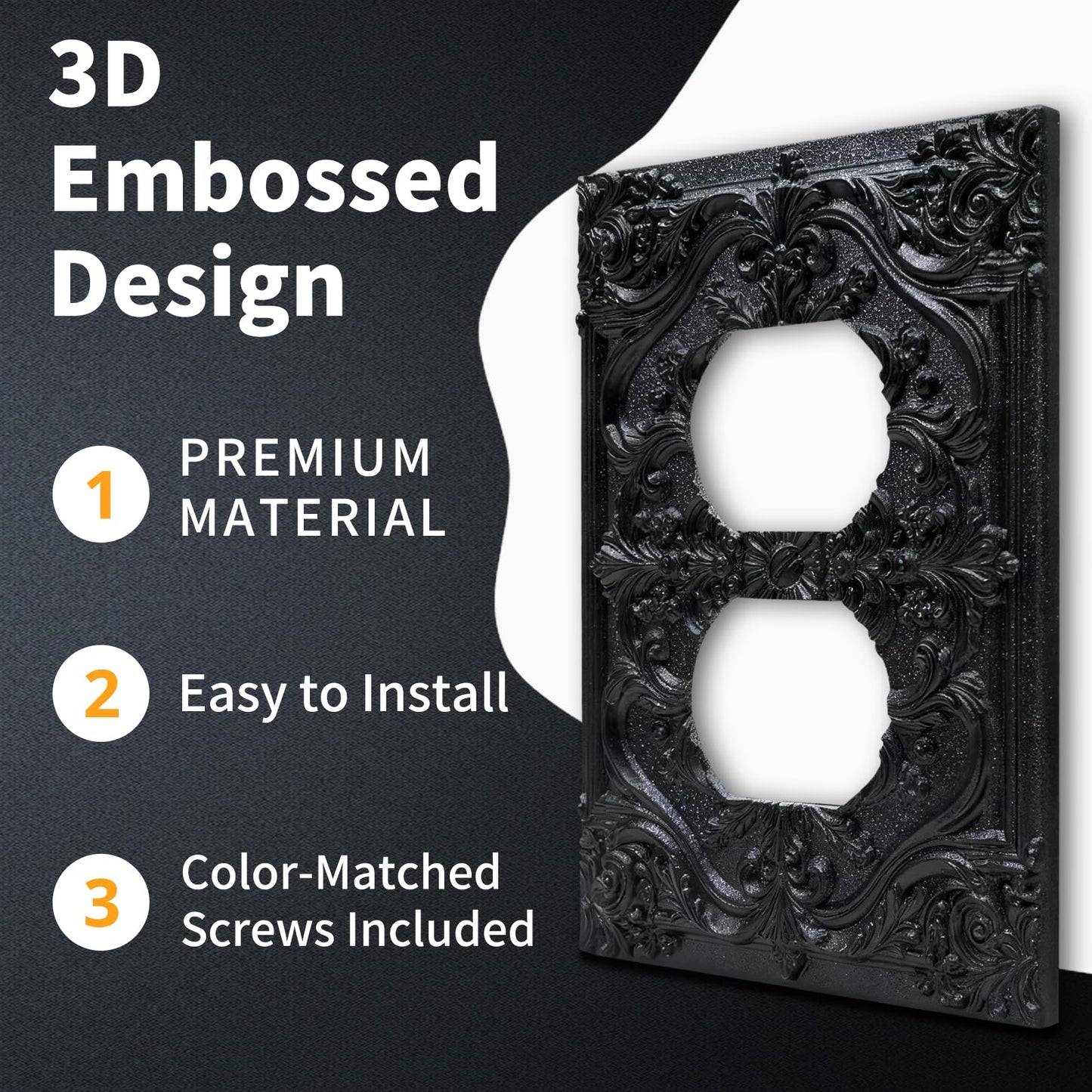 CZRPKEN Decorative Outlet Cover Black Luxury 3D Embossed Ornate Floral Design 1 Gang Duplex Light Switch Cover Plate Unique Wall Plate Electrical Switch Plate Covers for Elegant Home Wall Decor