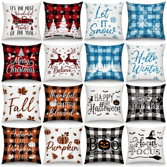 GlikCeil Set of 16 Christmas Pillow Covers 18 x 18 Inch Holiday Throw Pillow Covers Halloween Fall Winter Seasonal Pillowcases Decorative Cushion Pillowcases for Farmhouse Home Couch Sofa Decor