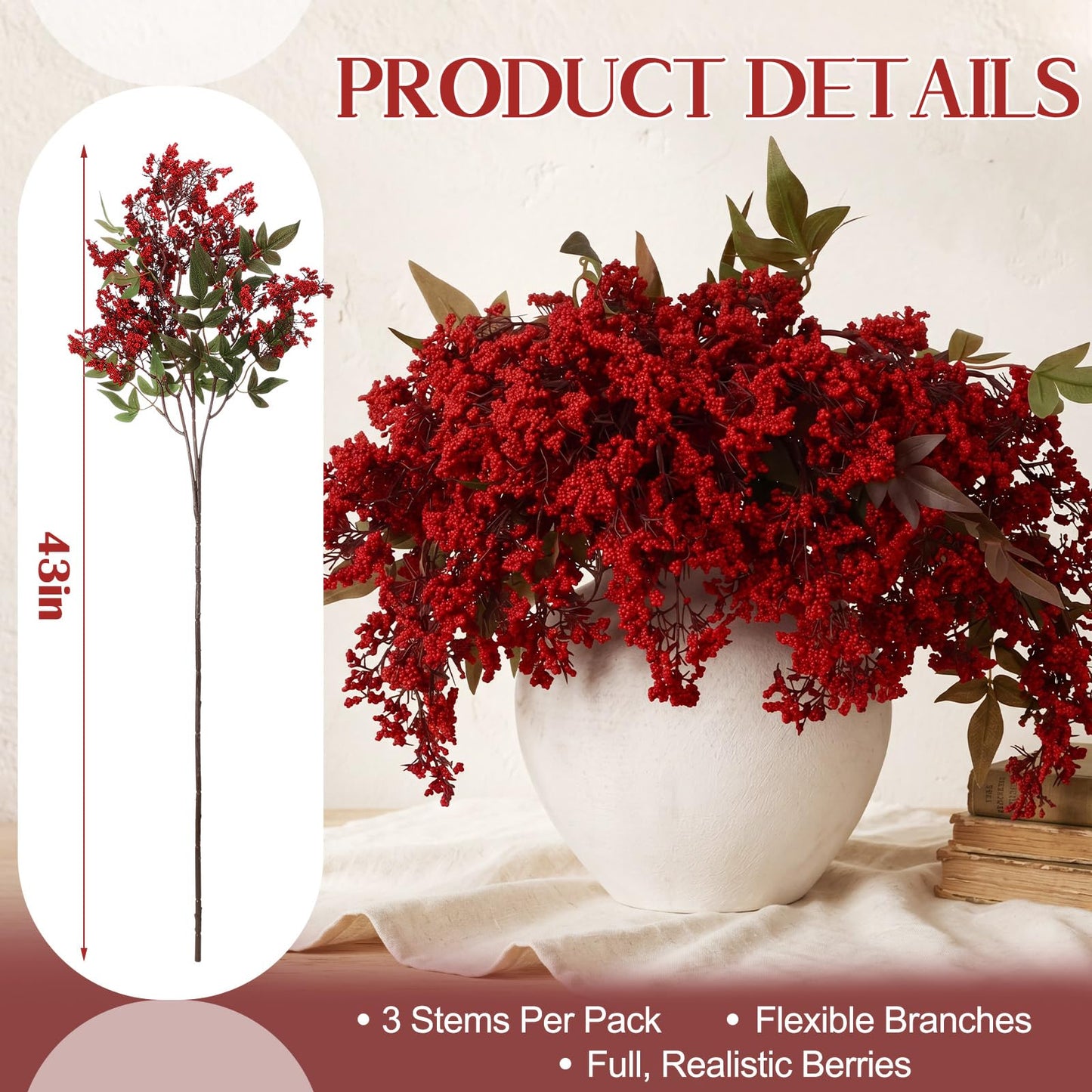 Dingion 3 Pcs 43 Inch Burgundy Berry Stem Artificial Spring Faux Sedum Stem Spray Flowers Realistic Flowers Branches Floral Picks for Vase Wedding Holiday Mantel DIY Harvest Seasonal Home Decor