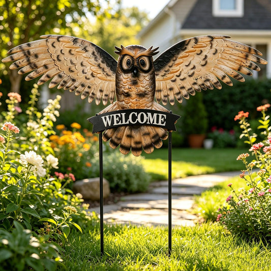 YHSOLAR Decorative Garden Stakes Large Vintage Owl with Welcome Sign for Front Door 37.2W*35.2H, Metal Yard Art Oversized Rustic Lawn Ornaments Outdoor Decor for Mothers Day Garden Gifts