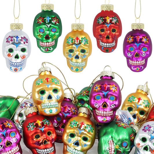 TaoQ C 15 PCS Day of The Dead Glass Skull Ornaments Sugar Hanging Skull Heads Colorful Halloween Hanging Skeleton Head for Halloween Tree Horror Party Craft Supplies Living Room Bedroom Home Decor