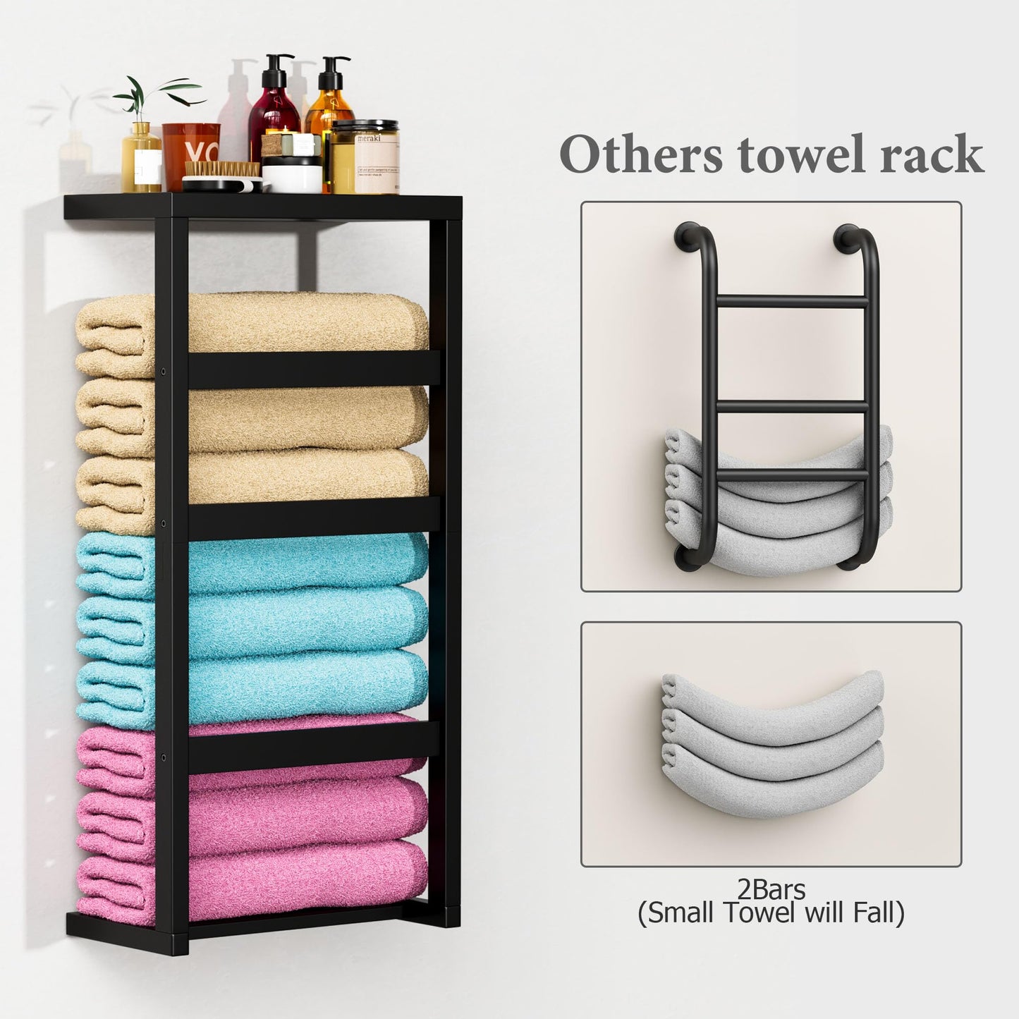 Bamboo Wall Blanket Ladder, 4-Tier Towel Racks, Bamboo Bath Towel Racks for Bathroom Wall Mounted, Decorative Blanket, Quilt, Towel, Scarf Ladder Shelves for Bathroom, Living Room, Bedroom， Black