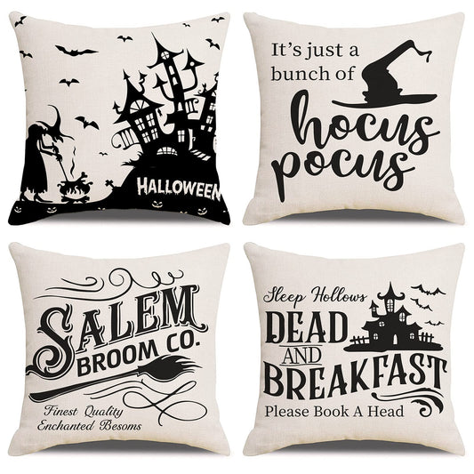 Petute Halloween Pillow Covers 18x18 Inches Set of 4 Ghost Throw Pillow Cases Vintage Linen Pumpkin Trick Treat Bat White Black Decorations Sofa Living Bed Room Indoor Car Couch Farmhouse Decor