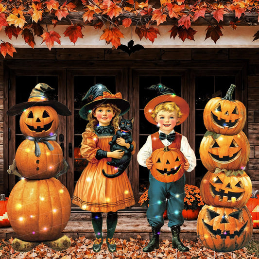 Bencailor 4pcs Christmas Outdoor Yard Decorations Horror Christmas Yard Signs with Stakes Scary Witch Hats Pumpkins Black Cats Decoration with LED Light for Lawn Garden Decoration Party Favor Supplies