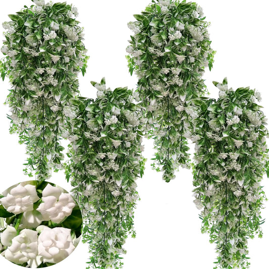 4PCS Artificial Hanging Flowers for Outdoor Decoration 22.4"Fake Hanging Plants Faux White Flowers Artificial UV Resistant Plastic Greenery Vines Ivy for Outdoor Indoor Garden Party Decor (White-rose)