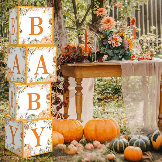 AmazingSpark 4 Pcs Little Pumpkin Baby Shower Boxes with Letters Fall Pumpkin Candy Box Decor with Letters Blocks Baby Shower Centerpiece for Party Backdrop
