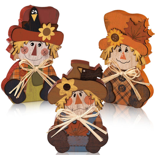 Ferraycle 3 Pcs Thanksgiving Scarecrow Decor Fall Decor Farmhouse Sign Rustic Tiered Tray Decorations Table Centerpieces Standing Pumpkin Turkey Wooden Block Sign for Home Kitchen(Scarecrow)
