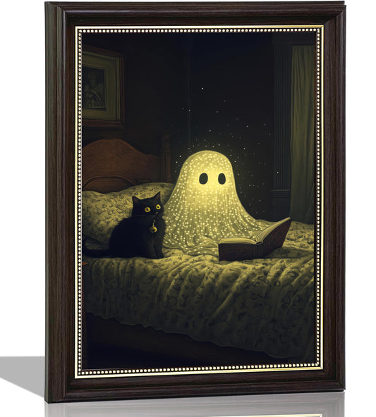 Ghost and Black Cat Wall Art 9x11, Dark Brown Framed Canvas Print, Cute Spooky Reading Ghost Picture, Halloween Bedroom Decor for Cat Lovers