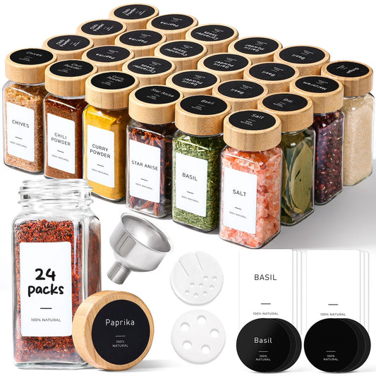 ComSaf Aesthetic Minimalist Spice Jars Set, 4 oz 24Pcs Glass Spice Containers with Labels, Bamboo Lids, 6 Extra Shaker Inserts, 93 Labels, Metal Funnel, Square Jars for Pantry Organization