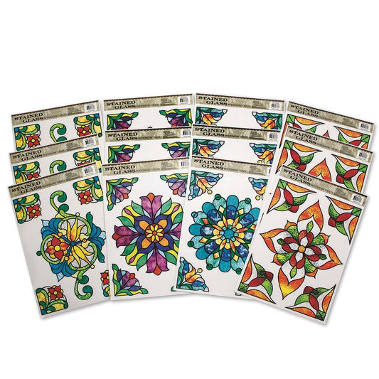S&S Worldwide Repositionable and Reuseable Stained Glass Window Clings- Add Beauty to any Window or Room with 11-3/4" x 7-7/8” Adhesive-Free, Static Cling Decorations, 4 Colorful Designs. Pack of 12.