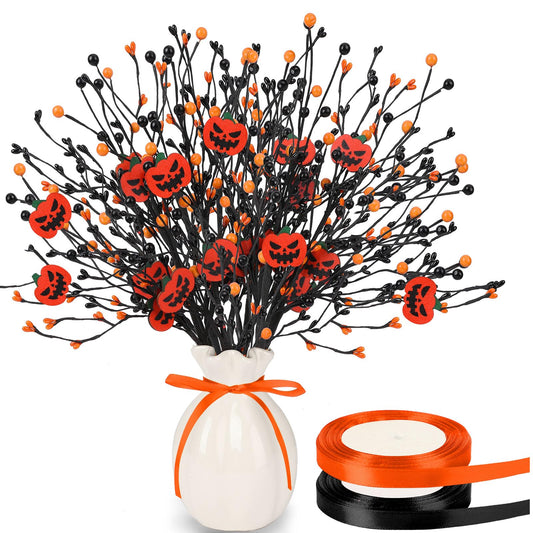 JUNEBRUSHS 6 Pcs Artificial Pumpkin Stems with Black Branches and 2 Roll Ribbons for Halloween Vase Bouquet Arrangement Wreath Table Centerpiece Home Party Decor