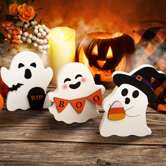 COCHIE Cute Ghost Halloween Decorations Indoor, Wooden Tiered Tray Decor Table Sign Set of 3, Black Cat Bat Witch Broom Signs Pumpkin Blocks for Party Home Shelf Display (B-Ghost)