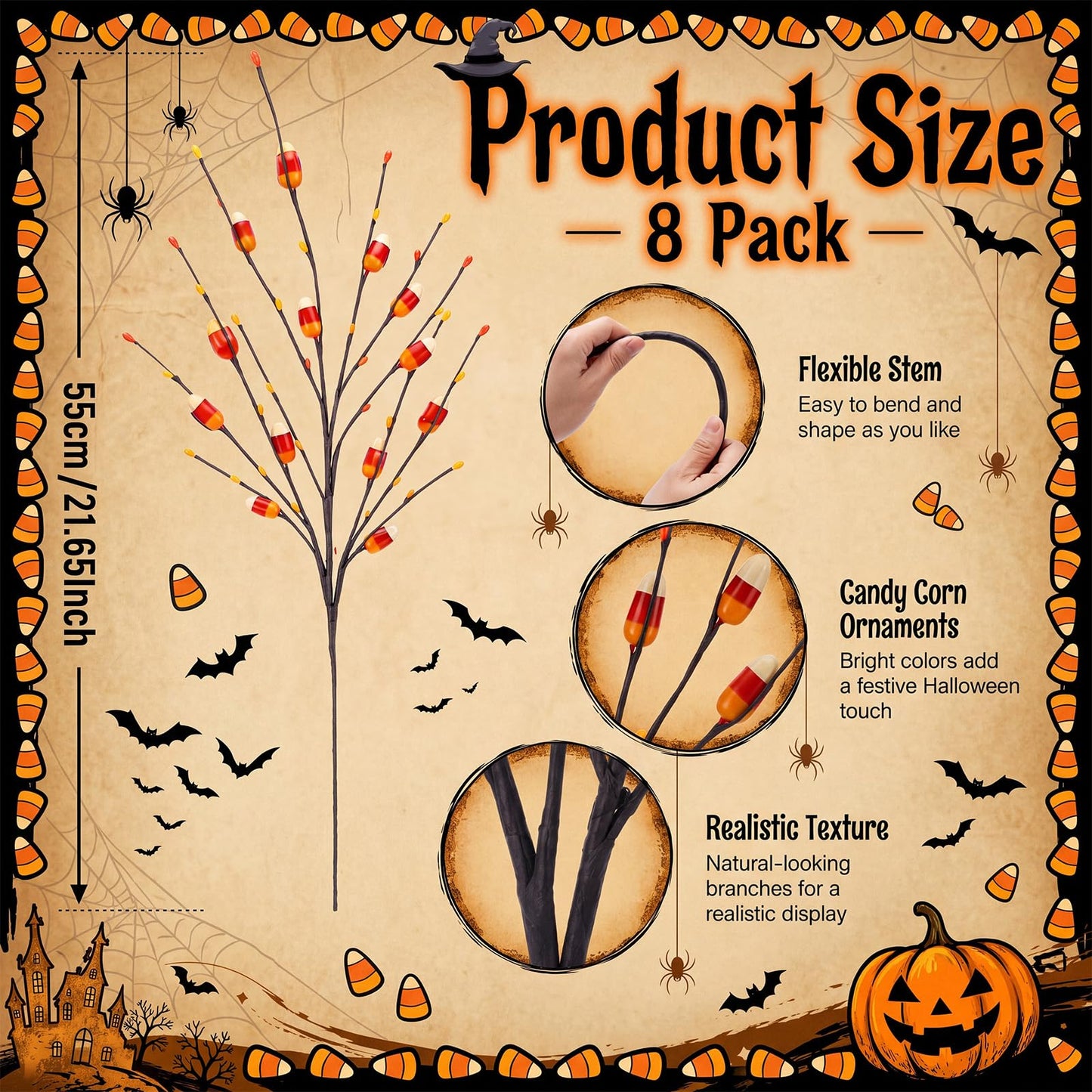Yuxung 8 Pcs 20 Inch Halloween Candy Corn Artificial Stems Berry Spray with Fake Candies for Halloween Party Spooky Decoration, Faux Twigs and Branches for Vases Arrangement for Fall Season