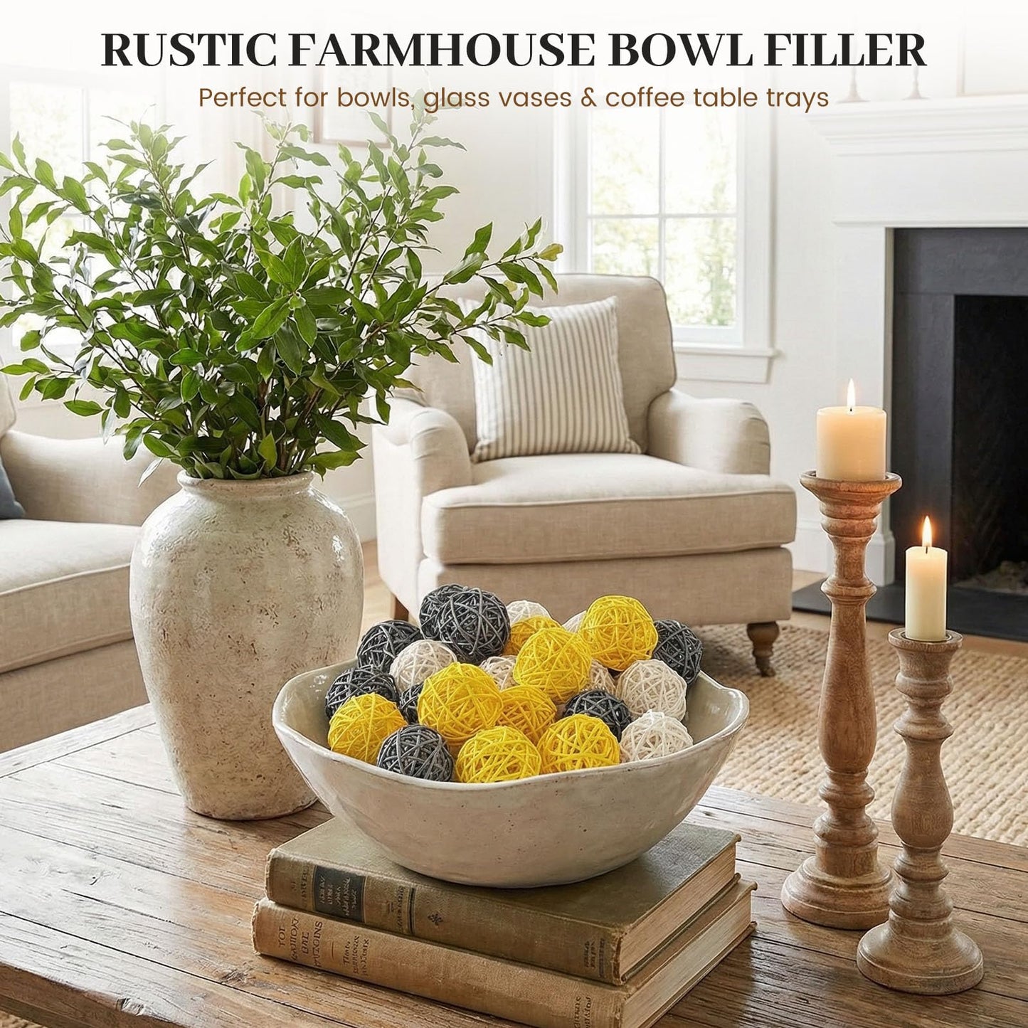 DomeStar 24PCS Yellow Decorative Balls for Bowl Centerpiece, 2 Inch Rattan Bowl Fillers - Wicker Twig Orbs Spheres for Yellow Kitchen Home Decor Vase Table Scatters