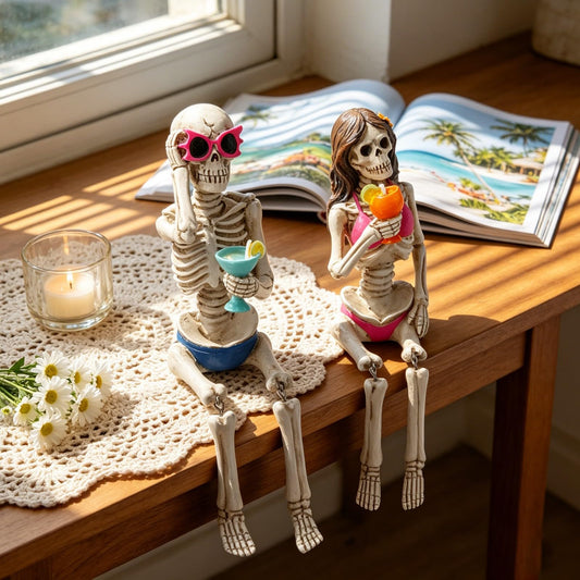 Summer Decorations Halloween Skeleton Statue - Collectible Figurines Summerween Couple with Dangling Leg Bikini Sunglass 7.5H in Perfect for Coastal Tropical Ocean Beach Pool Decor Newman House Studio