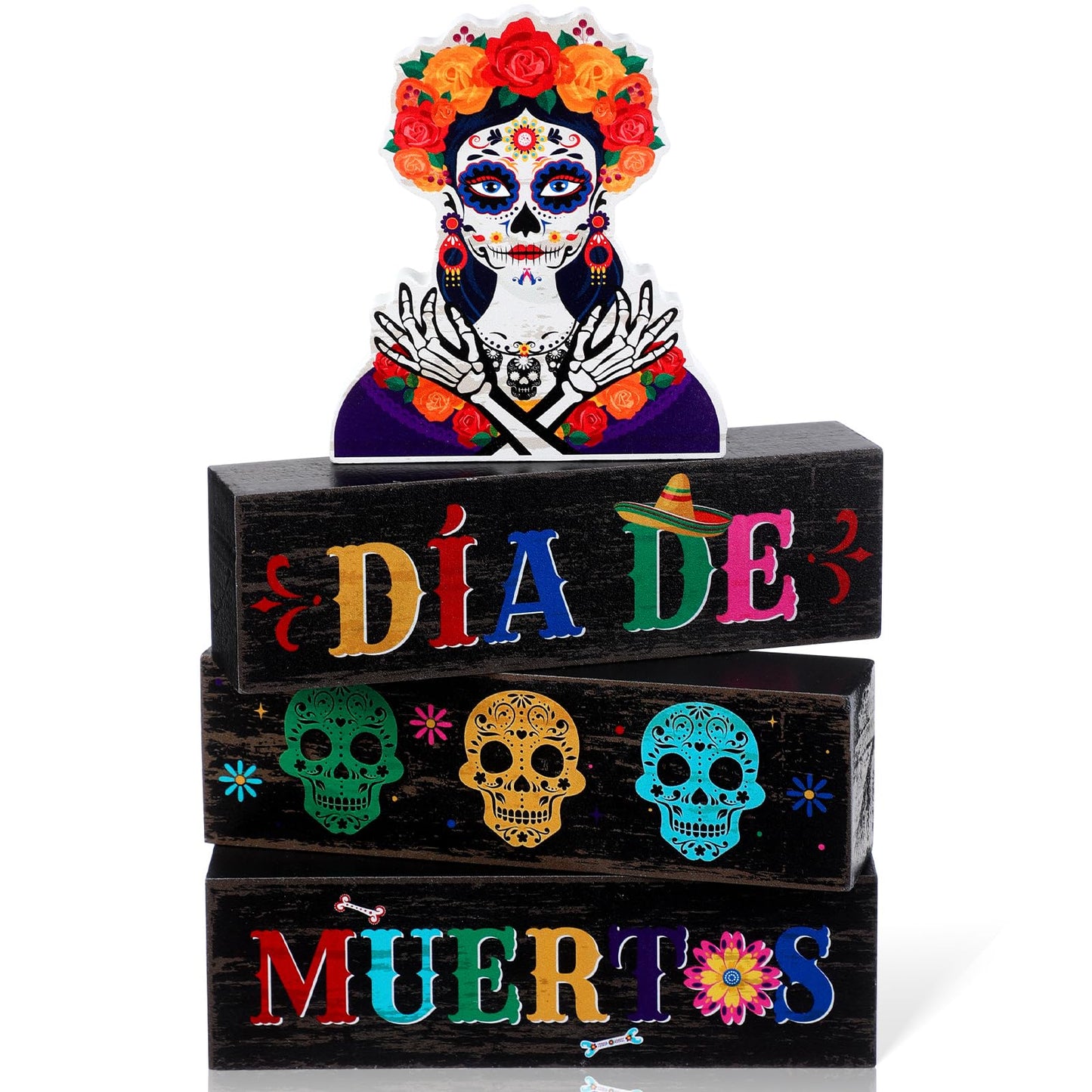 Capoda 4 Pcs Day of The Dead Table Decorations Dia De Los Muertos Tiered Tray Decor Mexican Skull Wood Tabletop 3D Desk Centerpiece for Halloween Fiesta Carnival Party Decoration Supplies