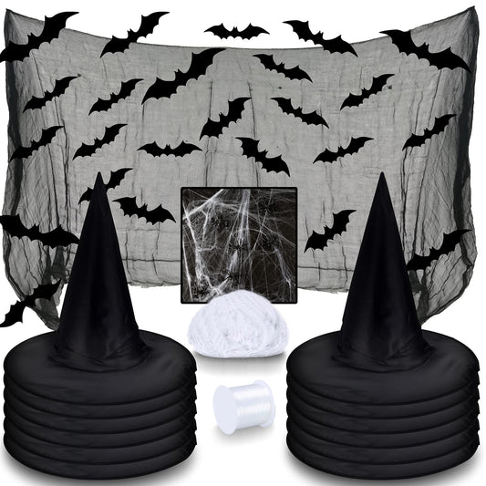 LINAYE Witch Hat XXL Kit - Halloween Decorations Including 12 PCS Black Witch Hats, 16 PCS 3D Bats, Spider Web, Creepy Cloth, Hanging Rope - Costume Headwear