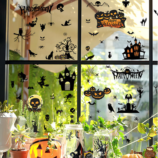 Halloween Wall Decals Stickers, Black Haunted Castle Pumpkin Skeleton Window Clings, Removable Spooky Spider Web Witch Silhouette Wall Stickers for Party Home Decor