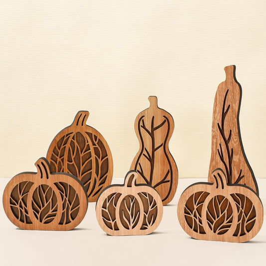 JarThenaAMCS 6 Pcs Fall Pumpkin Wood Table Sign Natural Wood Hollow Carved Pumpkin Rustic Autumn Tabletop Centerpieces for Farmhouse Thanksgiving Home School Office