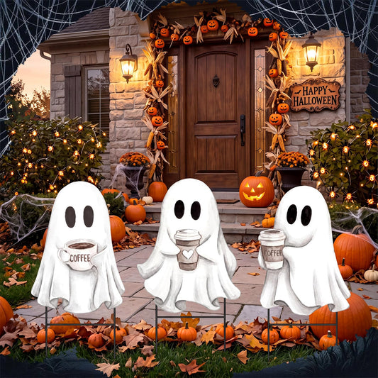 Amyhill 3 Pcs Halloween Ghost Metal Garden Stakes, Spooky Ghost Decorative Yard Signs, Cute Specter Metal Lawn Stakes for Halloween Outdoor Patio, Lawn, Haunted House Ornaments, Horror Party Decors