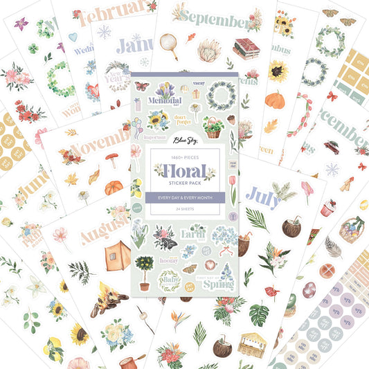 Blue Sky Sticker Book, Everyday and Monthly Planner Stickers, Undated, Glued with Bungee, 1460+ Stickers for Journals and Calendars (Floral, 4.5" x 9")