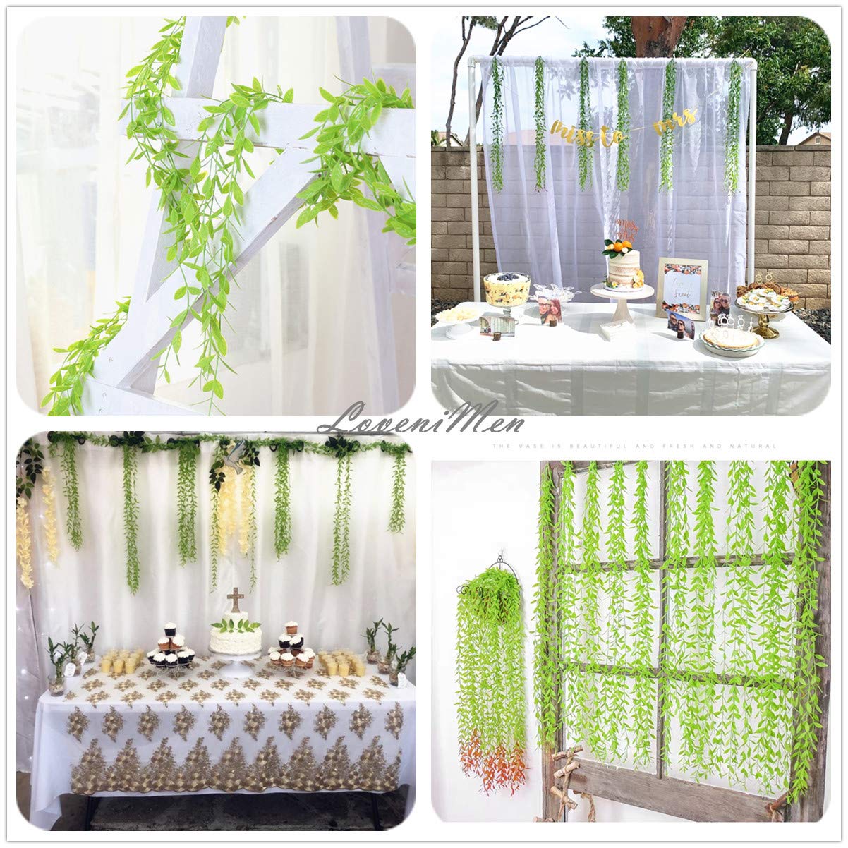 Artificial Vines, 10 Pack Hanging Ivy Fake Weeping Willow Greenery Leaves Plastic Plants Faux Garland Vine UV Resistant for Indoor Outdoor Garden Door Wall Baskets Wedding Party Decoration - Green