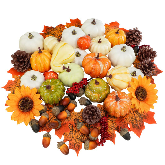 Winlyn 60 Pcs Assorted Small Artificial Pumpkins and Gourds with Acorns Pinecones Maple Leaves Sunflowers Fall Harvest Decoration Set for Thanksgiving Halloween Bowl Filler Table Centerpiece Wreaths