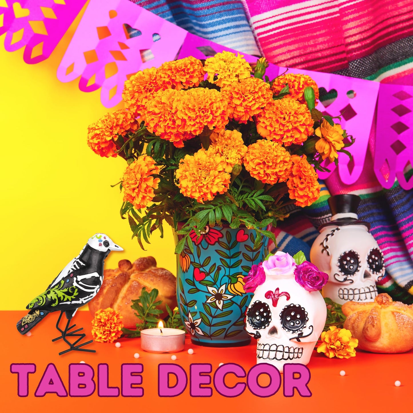 Needzo Dia De Los Muertos Sugar Skull Bird, Multicolor Ofrenda Altar Decoration, Day of the Dead Halloween Figurine, 4.75 Inches