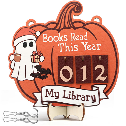 Sabary Pumpkin Books Read This Year Counter Cute Ghost Reading Book Sign Adopt a Ghost Reading Tracker Sign for Bookshelf Decor Halloween Gifts for Book Lovers Bookshelf Decor Wall Art