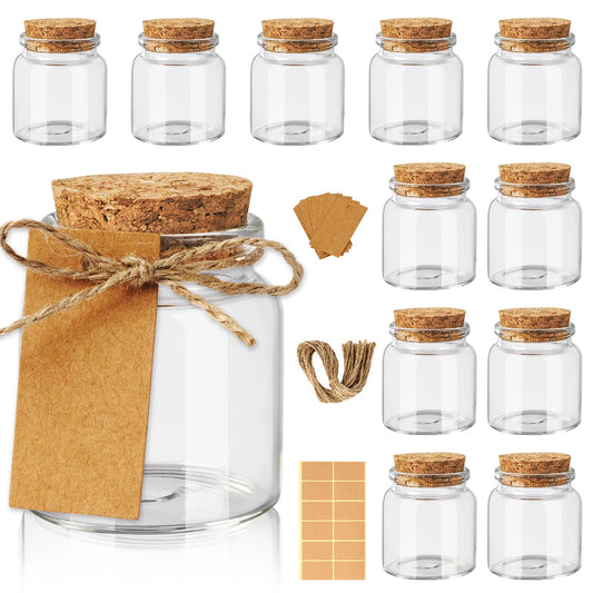 OurWarm 12 Pack Mini Jars with Lids, 1.7OZ Small Glass Bottles with Cork Tag Label and Twine, Versatile Small Glass Jars for Candy Potion Spice DIY Crafts Gift Birthday Wedding Party Decorations