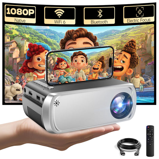 Mini Projector with Wi-Fi 6 and Bluetooth 5.4,Full HD 1080P Portable Projector Electric Focus,Projector for Bedroom Entertainment Smartphone/HDMI/TV Stick/Windows/USB