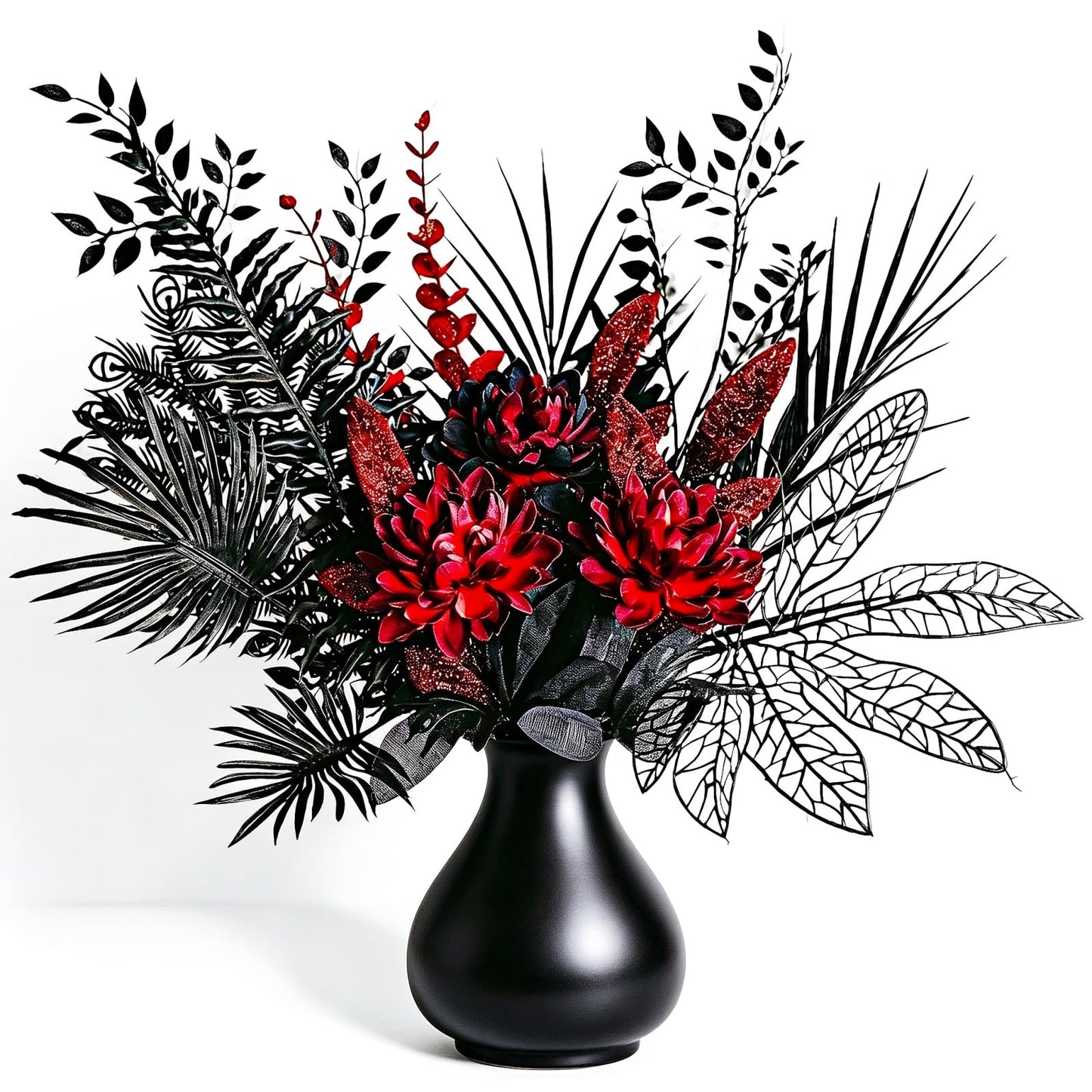 Gothic Black Red Artificial Flower Bouquets, 16-Stems Faux Silk Dahlia, Hollowed Foliage，Shining Eucalyptus Leaves, Dark Style, Themed Party，Bar Decoration，Halloween, Romantic Wedding (Without vases)