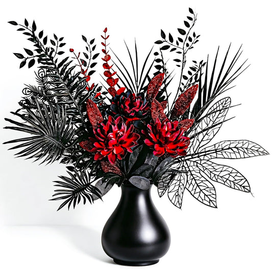 Gothic Black Red Artificial Flower Bouquets, 16-Stems Faux Silk Dahlia, Hollowed Foliage，Shining Eucalyptus Leaves, Dark Style, Themed Party，Bar Decoration，Halloween, Romantic Wedding (Without vases)