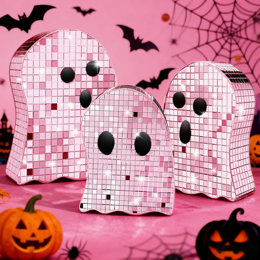 Sel Natural 3 Pcs Halloween Disco Ghost Decor,5.9" 7" 8.2" Ghost Mirror Disco Ball Indoor Glitter Spooky Ghost Sign Halloween Tiered Tray Decor Mosaic Table Centerpiece for Party Gift (Pink)