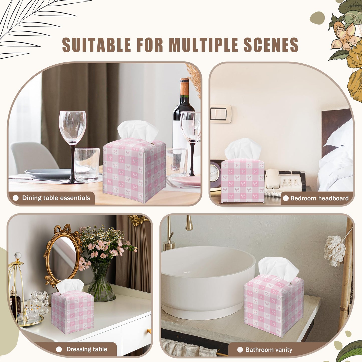 Pink Gingham Bow Decorative Leather Tissue Box Cover - Cute Tissue Holder Gifts for Women and Friends Funny Unique for Home Decor Decorative for Kitchen Bathroom Nightstands Office - A21