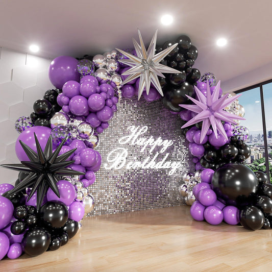 ADOINBY Purple and Black Balloon Arch Kit, 140Pcs Black Purple Metallic Silver and Confetti Balloon Garland kit, 22 18 12 10 5 Inch Different Size Balloons for Halloween Birthday Party Decorations
