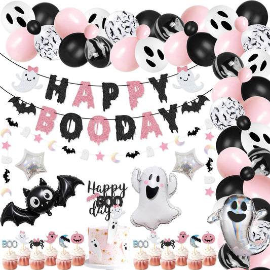 92 Packs Pink Black Halloween Birthday Party Kit Happy Boo Day Banner Cake Topper Ghost Cupcake Toppers Skeleton Bat Mylar Balloons for Pink and Black Halloween Birthday Party Decorations