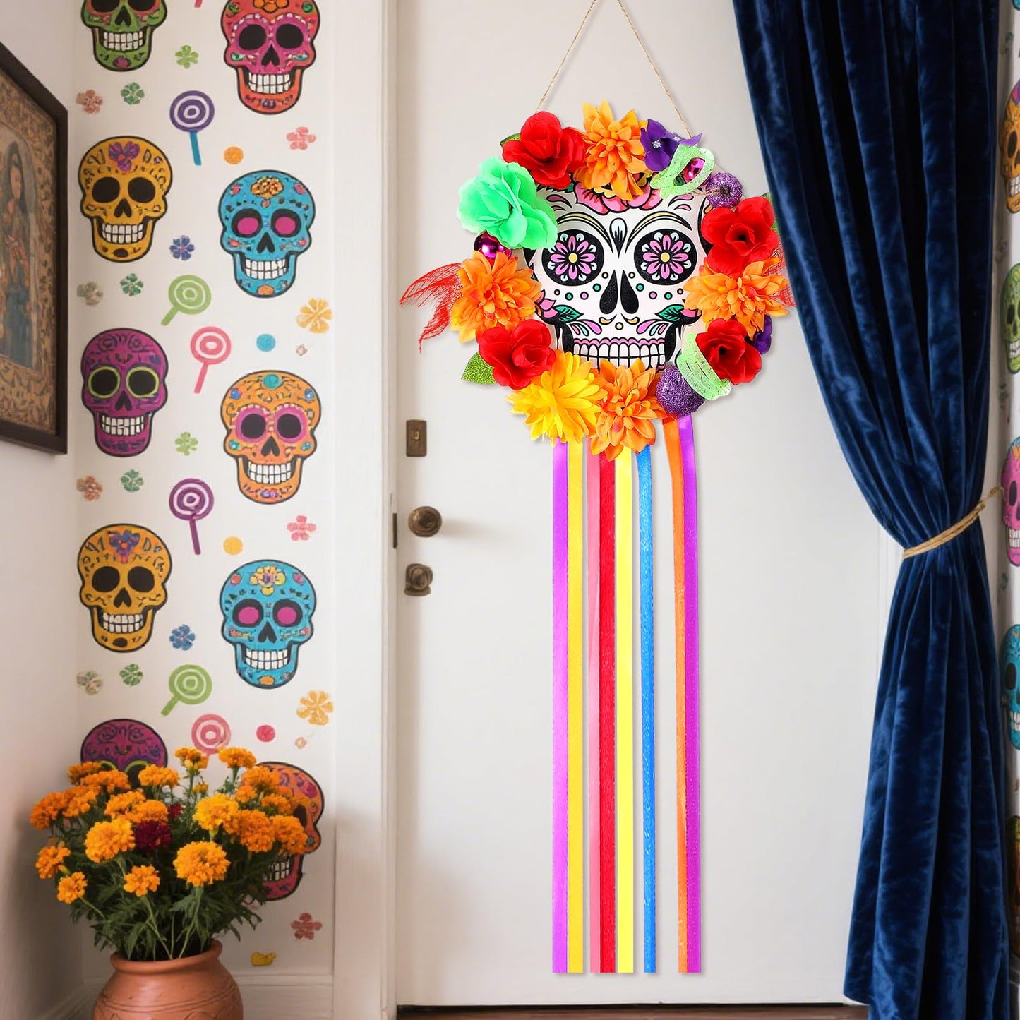 Cinnvoice Day of The Dead Wreath for Front Door Wooden Sugar Skull Marigold Door Wreath Decor Dia De Los Muertos Welcome Sign Hanging for Halloween Mexican Home Wall Porch Window