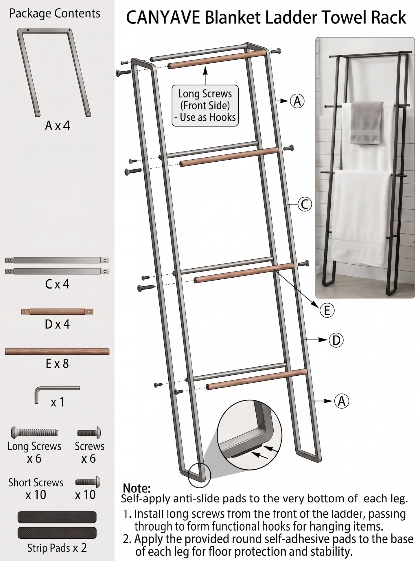 CANYAVE Metal Leaning Ladder Towel Rack, 4-Tier Blanket Stand for Bathroom Living Room, No Drilling Quilt Storage Organizer (Matte Black)