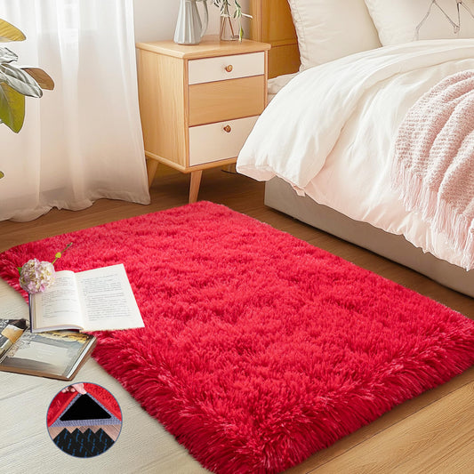 AAFKK Red Area Rug for Bedroom, 2x3 Small Rugs for Living Room Nursery Kids Room Dorm Home Decor Aesthetic, Fluffy Shaggy Rug with 4 Anti-Slip Carpet Tapes