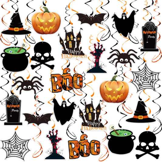 PartyGarden Halloween Hanging Swirl Decorations - 36 Pcs Hanging Spooky Ceiling Decor with Ghost, Pumpkin, Skull for Home, Office, Party