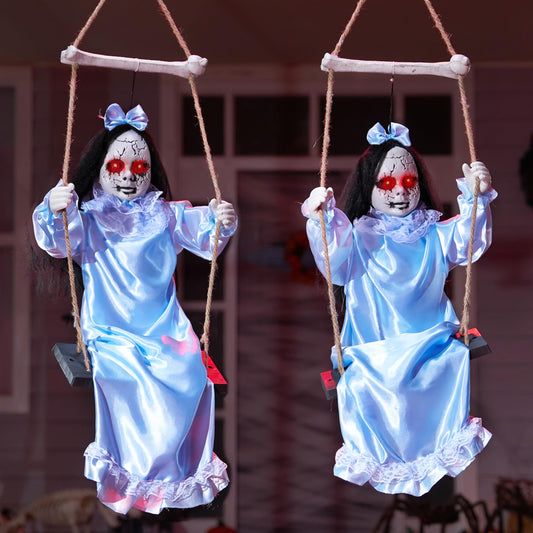 JOYIN 2 Pcs Hanging Ghosts Halloween Decorations Outdoor, 3ft Blue Swinging Creepy Sister Ghost with LED Red Light Eyes Creepy Girl Twins Doll Decor for Indoor Flying Props for Yard Patio Lawn Garden