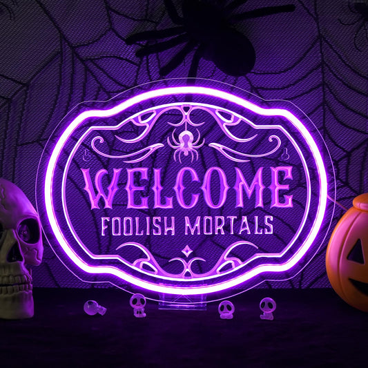 Horseneon Welcome Foolish Mortals Christmas Neon Sign Haunted Mansion LED Wall Decor for Door Mab Cave Light Horror Movie Parties & Themed Bars Spooky Effect Christmas Gifts