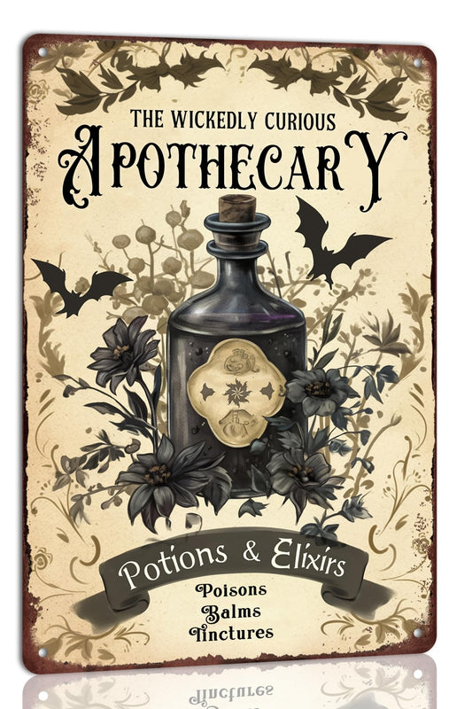 Apothecary Potions Vintage Halloween Metal Tin Sign Retro Haunted House Decor for Farmhouse Halloween Party and Home Wall Art Kitchens 8x12 Inches