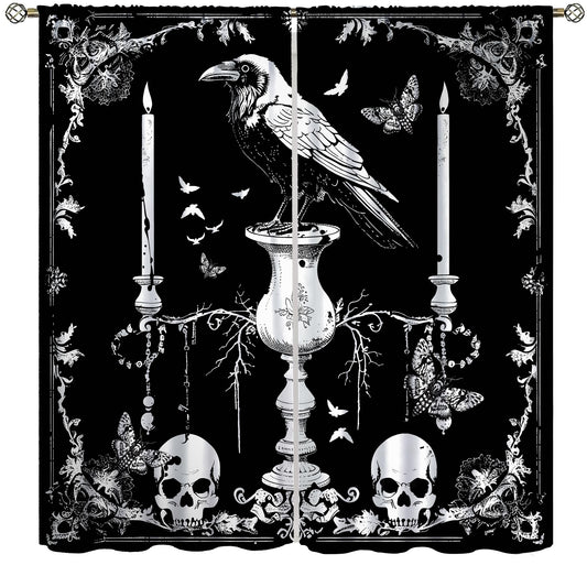 AAVEUP Gothic Crow Curtains for Boys,Mysterious Simple Eerie Skull Moth Raven Candle Flower Window Drapes Print for Halloween Kids Boys Girls Bedroom Living Room Bathroom 42x45in