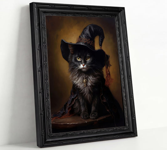 Black Framed Vintage Halloween Black Cat Canvas Wall Art Gothic Witch Cat Portrait With Hat Wall Decor Picture Dark Academia Halloween Animal Poster Print for Living Room Bedroom House Decoration