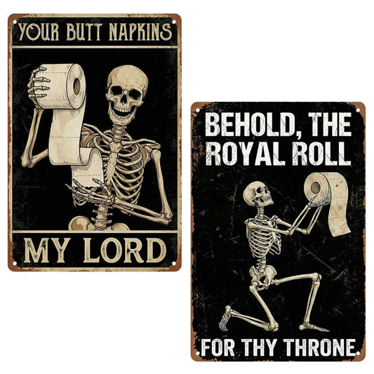 Boewywh 2 Pcs Skeleton Funny Vintage Metal Tin Sign Gothic Skull 8x12 Inch Wall Decor for Restroom Toilet Home Washroom Bathroom