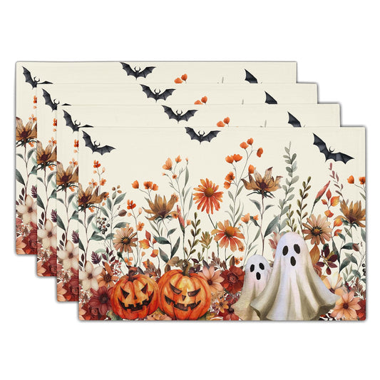 Kawani Halloween Placemats Set of 4 Vintage Wildflower Pumpkin Ghost Place Mats 12x18 Inch Rustic Retro Spooky Table Mats for Home Kitchen Party Decor