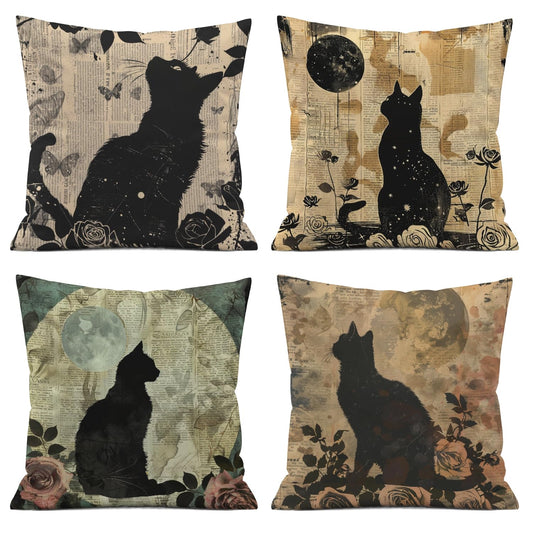 ISANOU Vintage Black Cat Decorative Pillow Covers,Halloween Moon Cat Throw Pillow Covers for Home Bedroom Living Room Couch Sofa Decor,18x18 Inch Pillowcase Set of 4